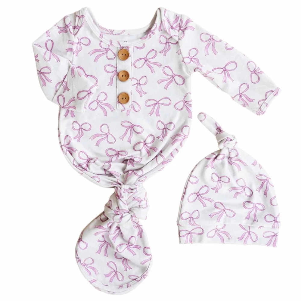 NEW Caden Lane Blushing Bows Newborn Baby Knot Gown & Hat Set - Picture 2 of 4